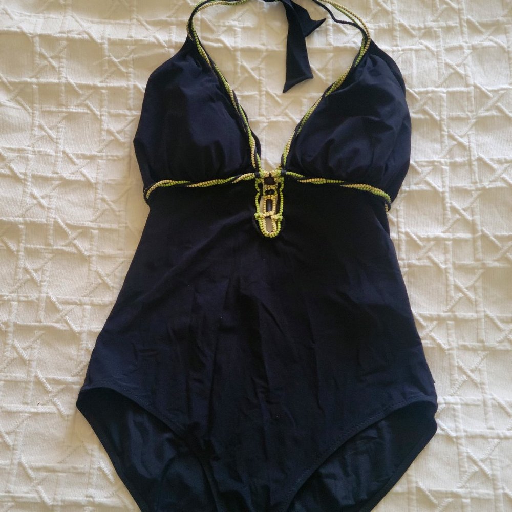 SHAN Black One-Piece Swimsuit with Green Accents Size 14